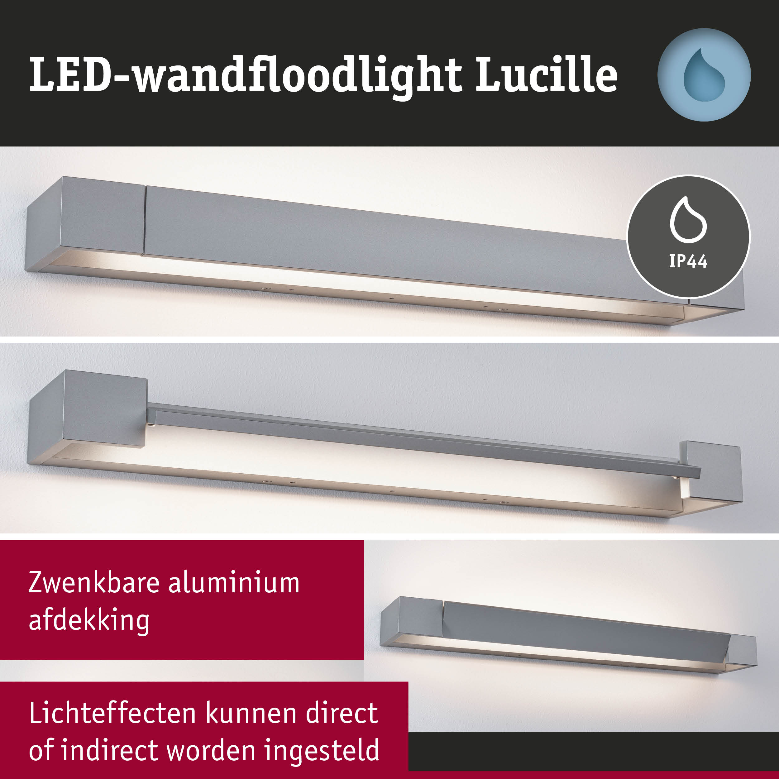 Grijze aluminium LED-wandflitser Lucille met IP44-classificatie voor buitenverlichting