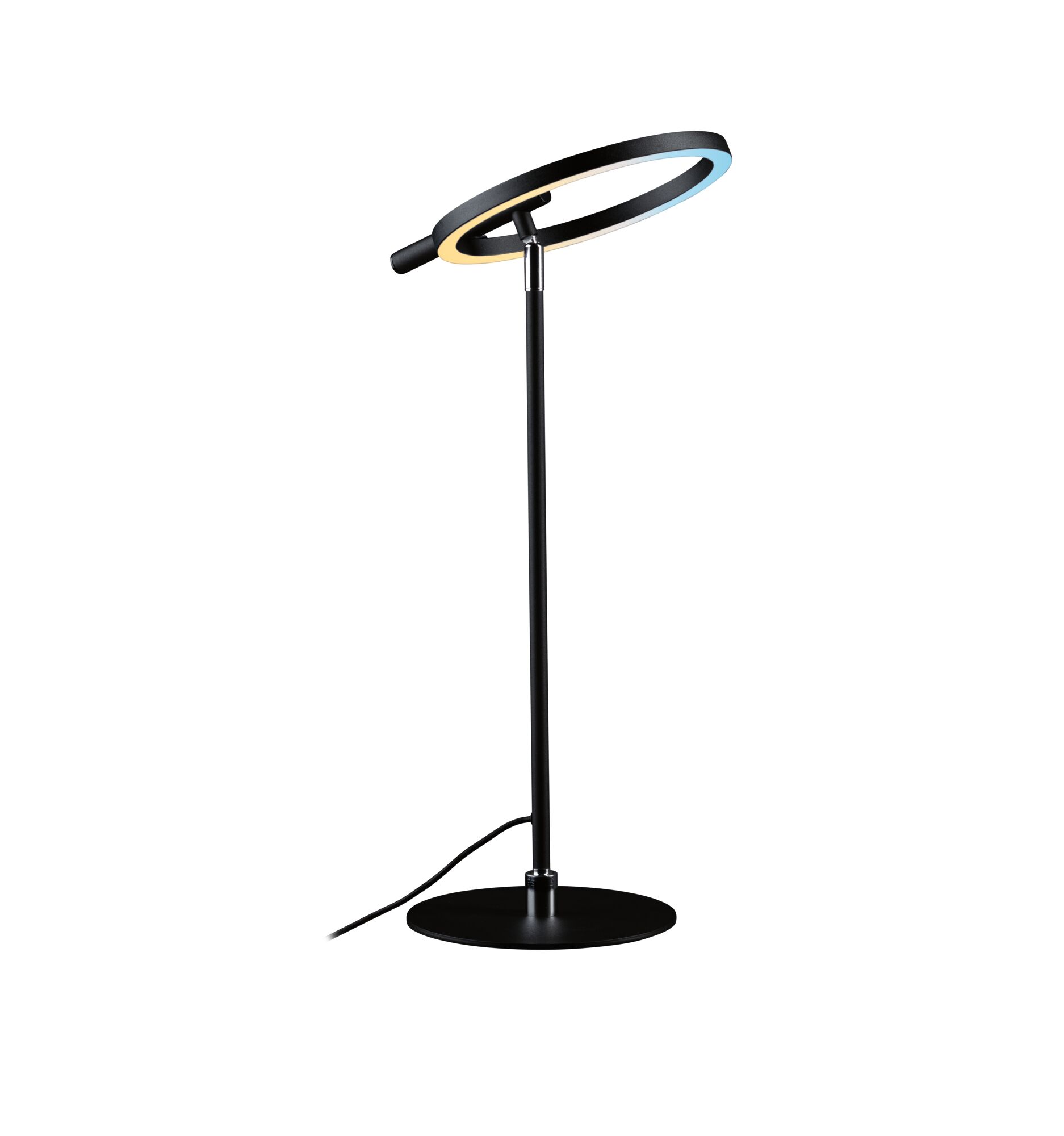 Modern black LED desk lamp with round light ring and metal base for stylish room lighting