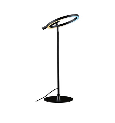 Modern black LED desk lamp with round light ring and metal base for stylish room lighting