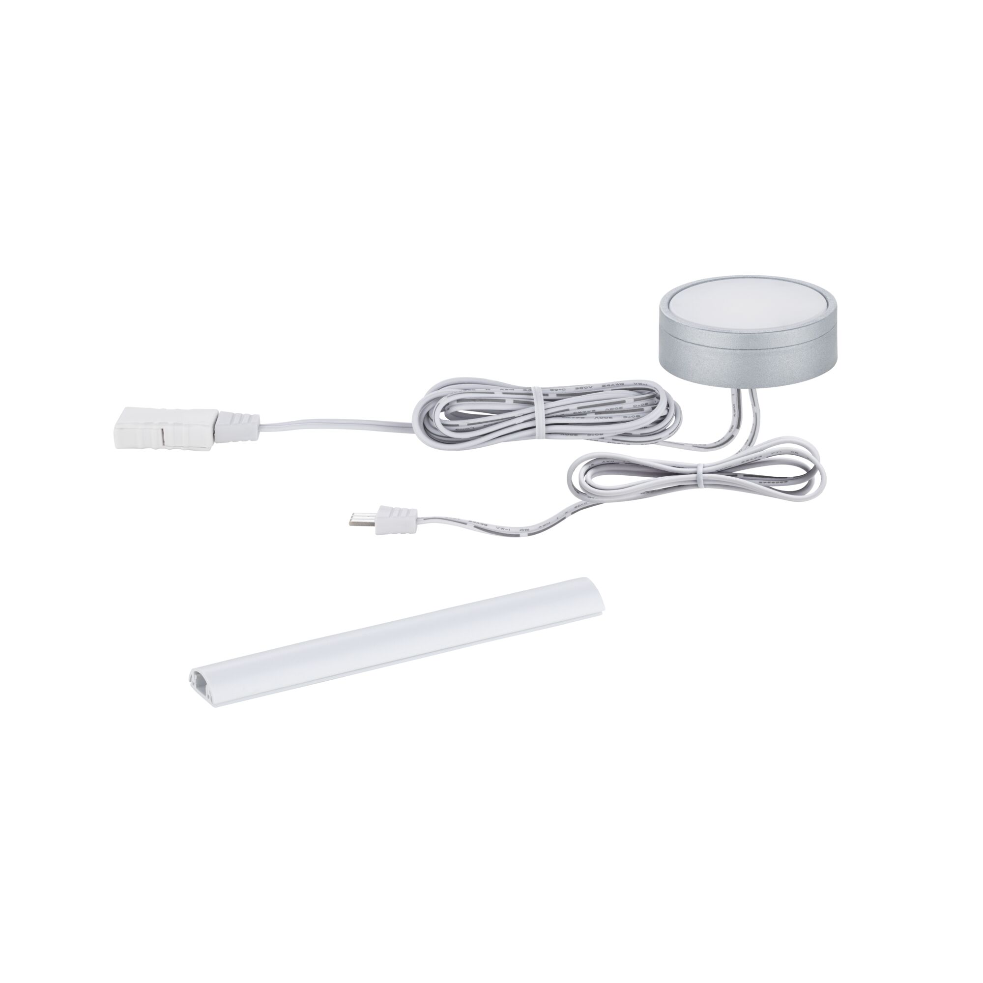 Round silver LED under-cabinet light module with white cable and white cover profile for furniture lighting