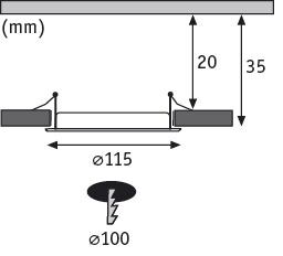 Technische tekening van inbouwspot doorsnede met 115 mm diameter en 35 mm hoogte