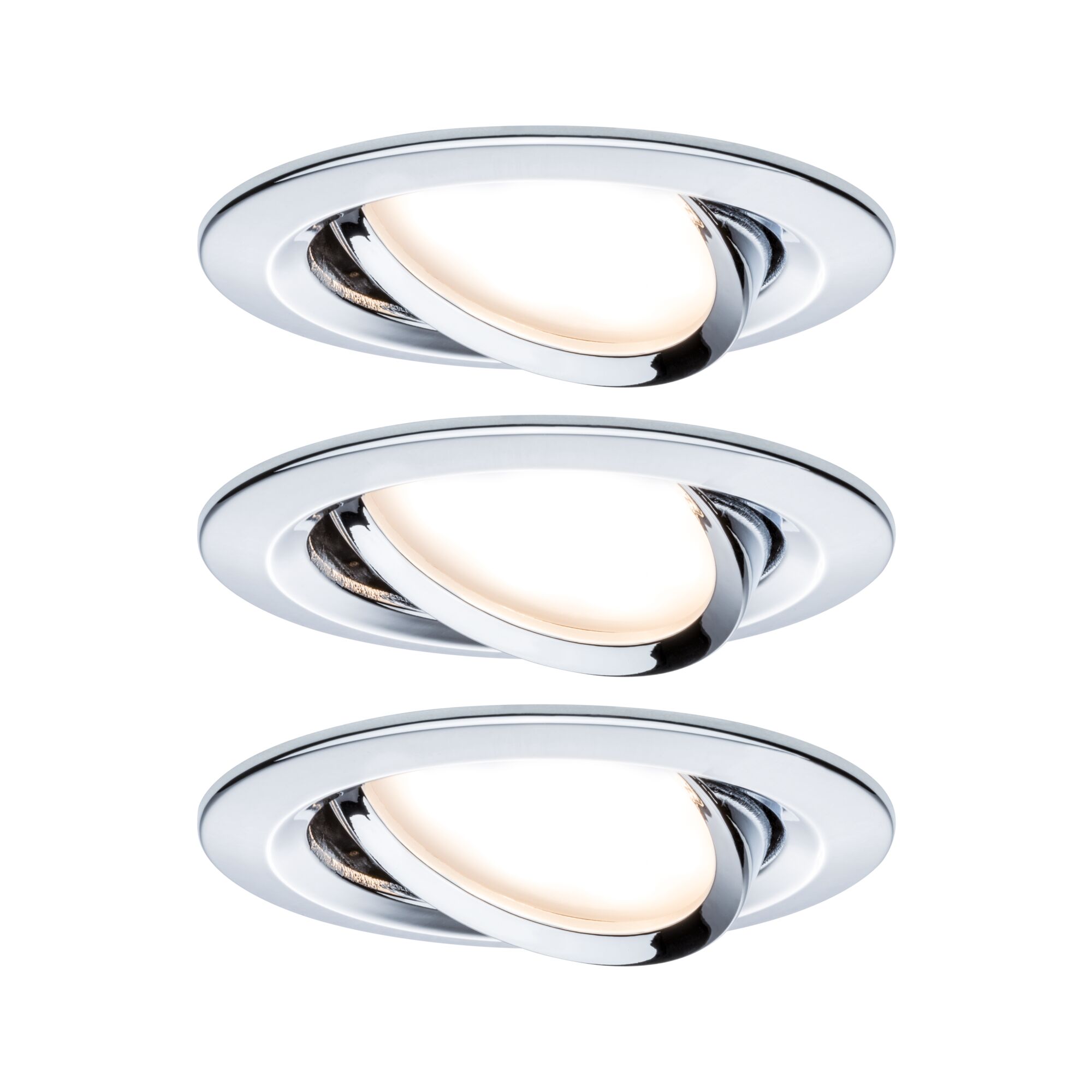 Drei runde Einbaustrahler aus Chrom mit warmweißem Licht für moderne Innenbeleuchtung