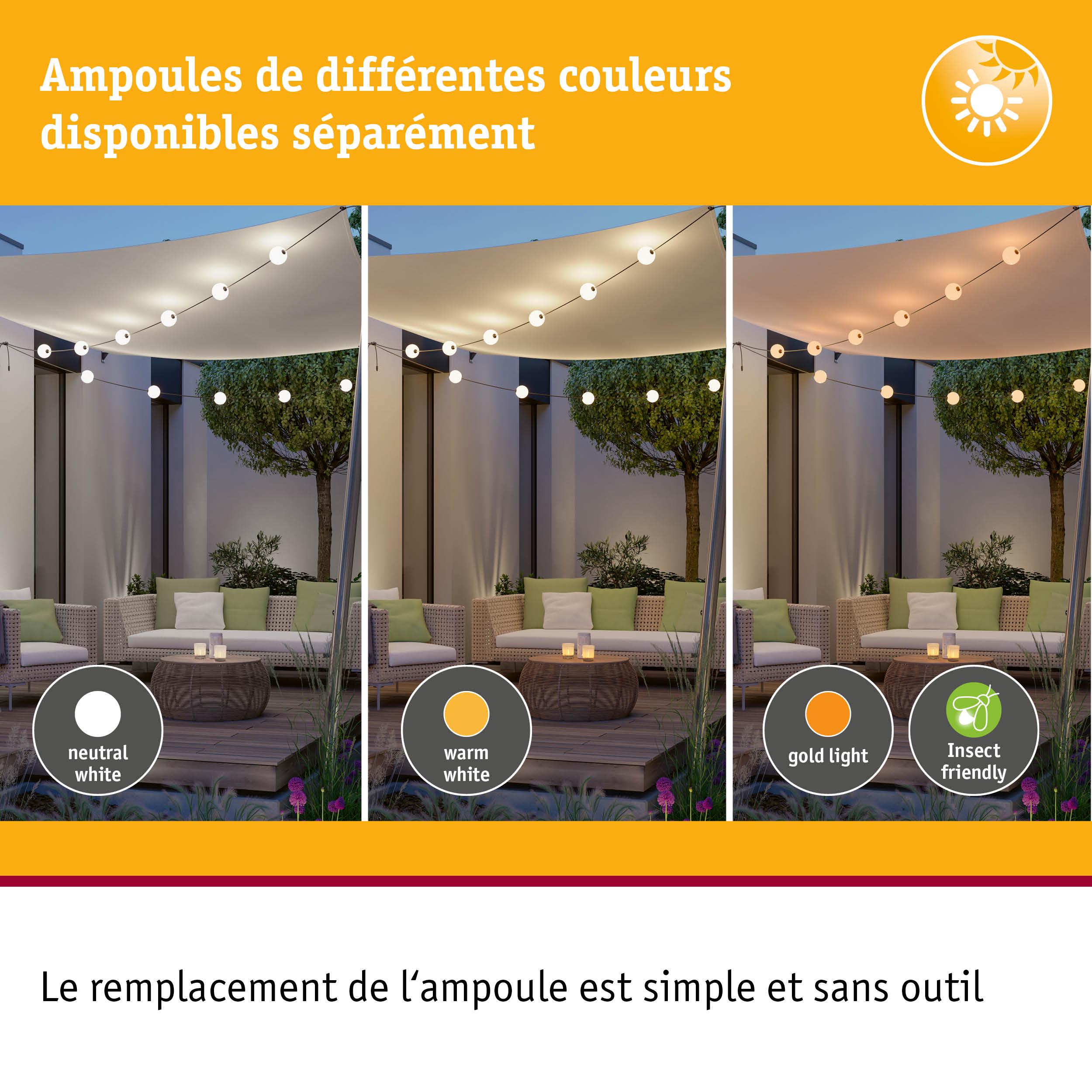 Trois éclairages extérieurs avec lumière blanc neutre, blanc chaud et lumière dorée, ampoules LED faciles à remplacer.