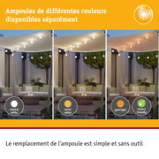 Trois éclairages extérieurs en blanc neutre, blanc chaud et lumière dorée dans un jardin avec coin salon.