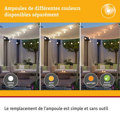 Trois éclairages extérieurs avec lumière blanc neutre, blanc chaud et lumière dorée, ampoules LED faciles à remplacer.