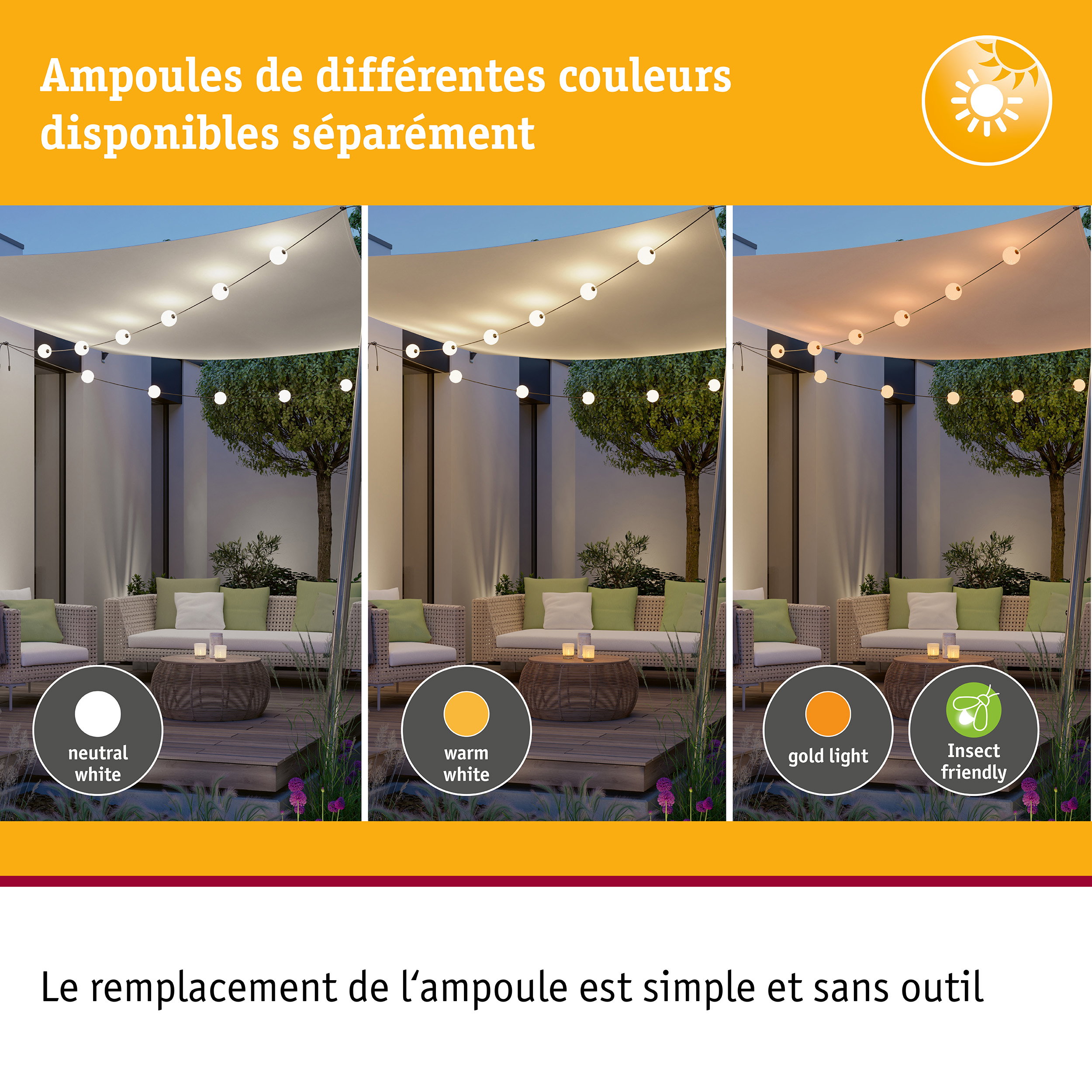 Trois éclairages extérieurs en blanc neutre, blanc chaud et lumière dorée dans un jardin avec coin salon.