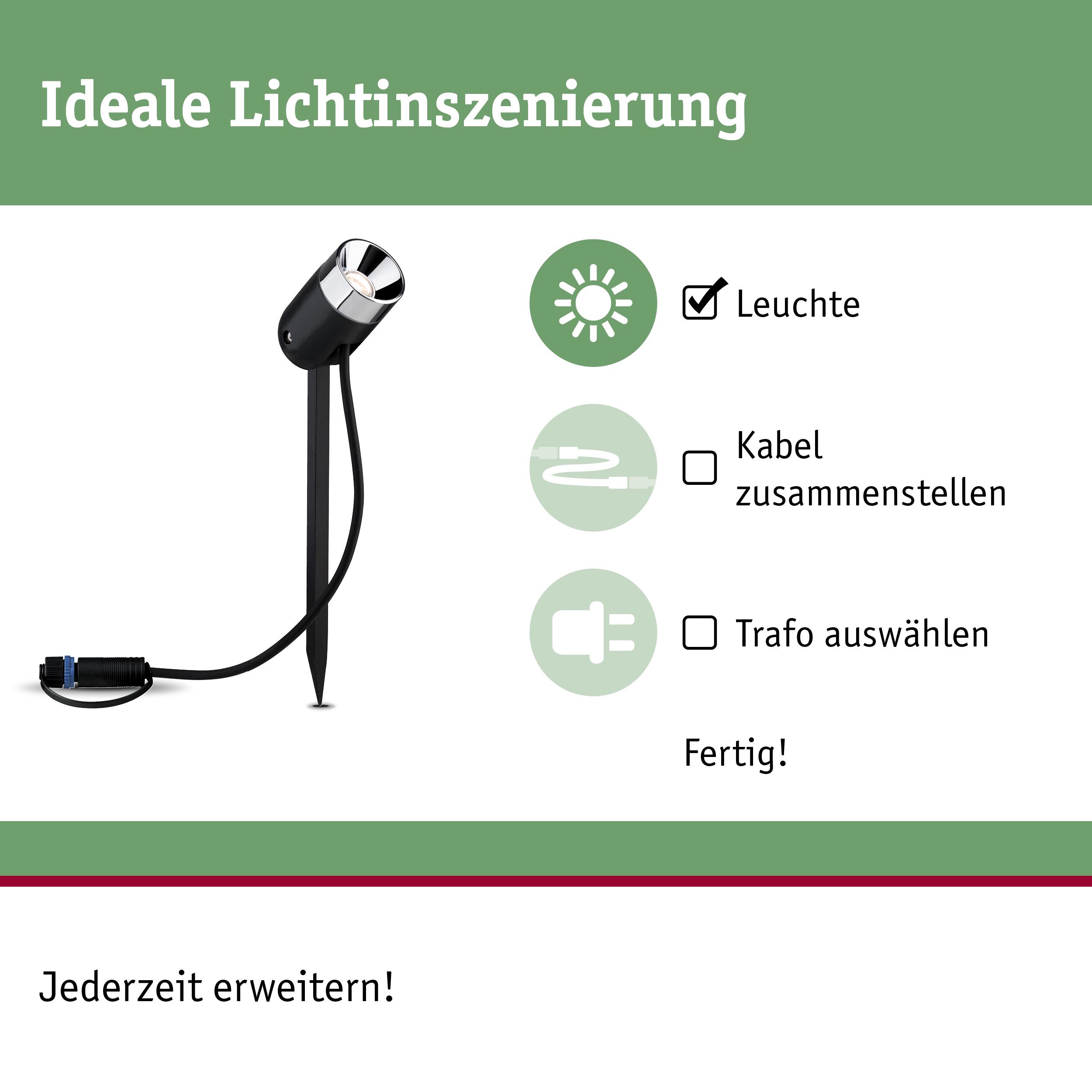 Schwarze LED-Gartenleuchte mit Erdspieß und Kabel für einfache Außenbeleuchtung und Lichtinszenierung