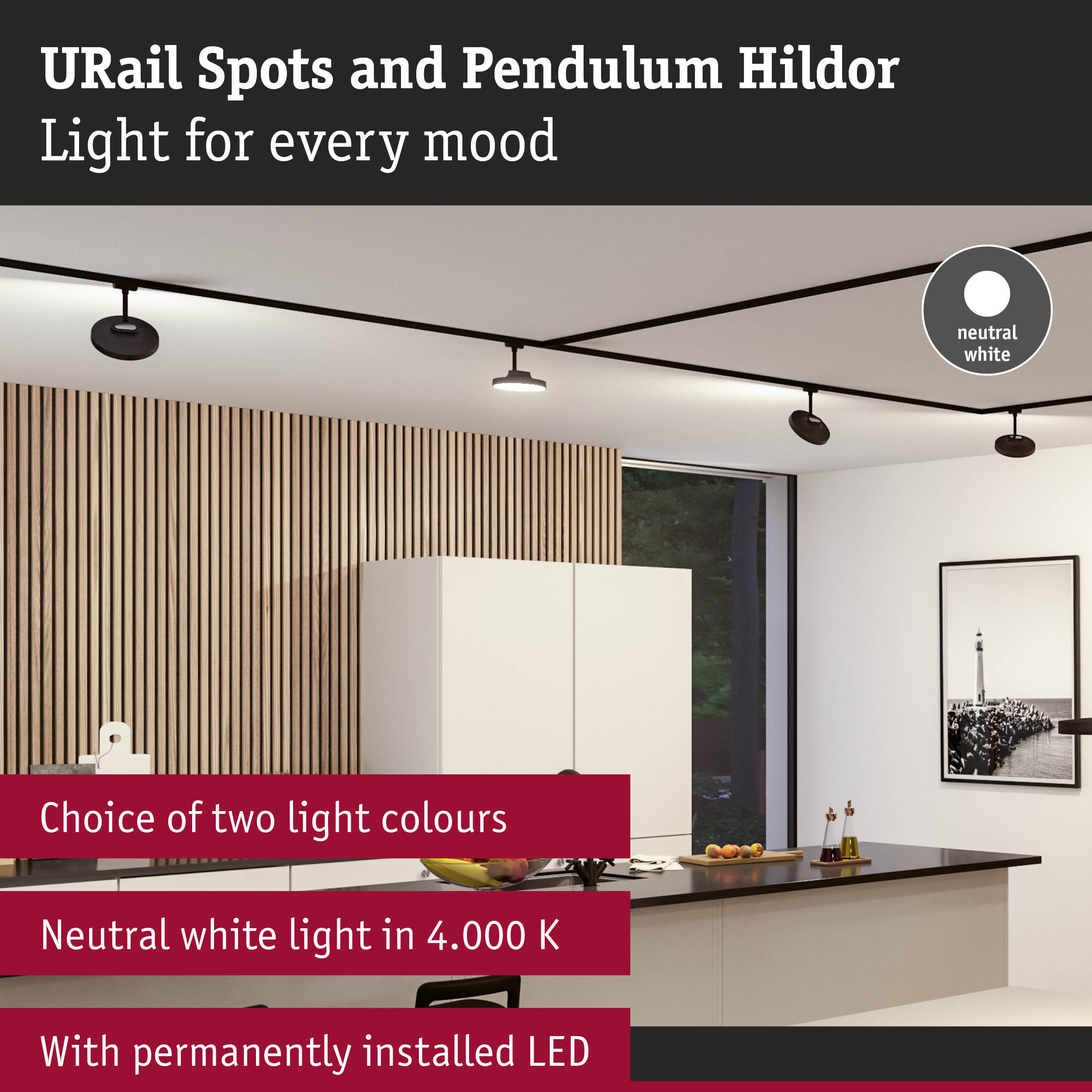 Modern black URail spotlights with neutral white 4000K LED light in stylish kitchen setting