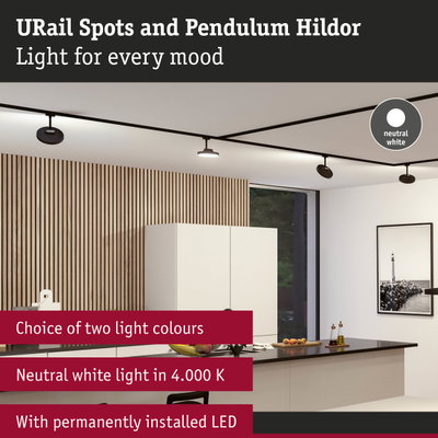 Modern black URail spotlights with neutral white 4000K LED light in stylish kitchen setting