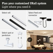 Modular URail rail system with black and white aluminium rails, connectors and LED lighting accessories.