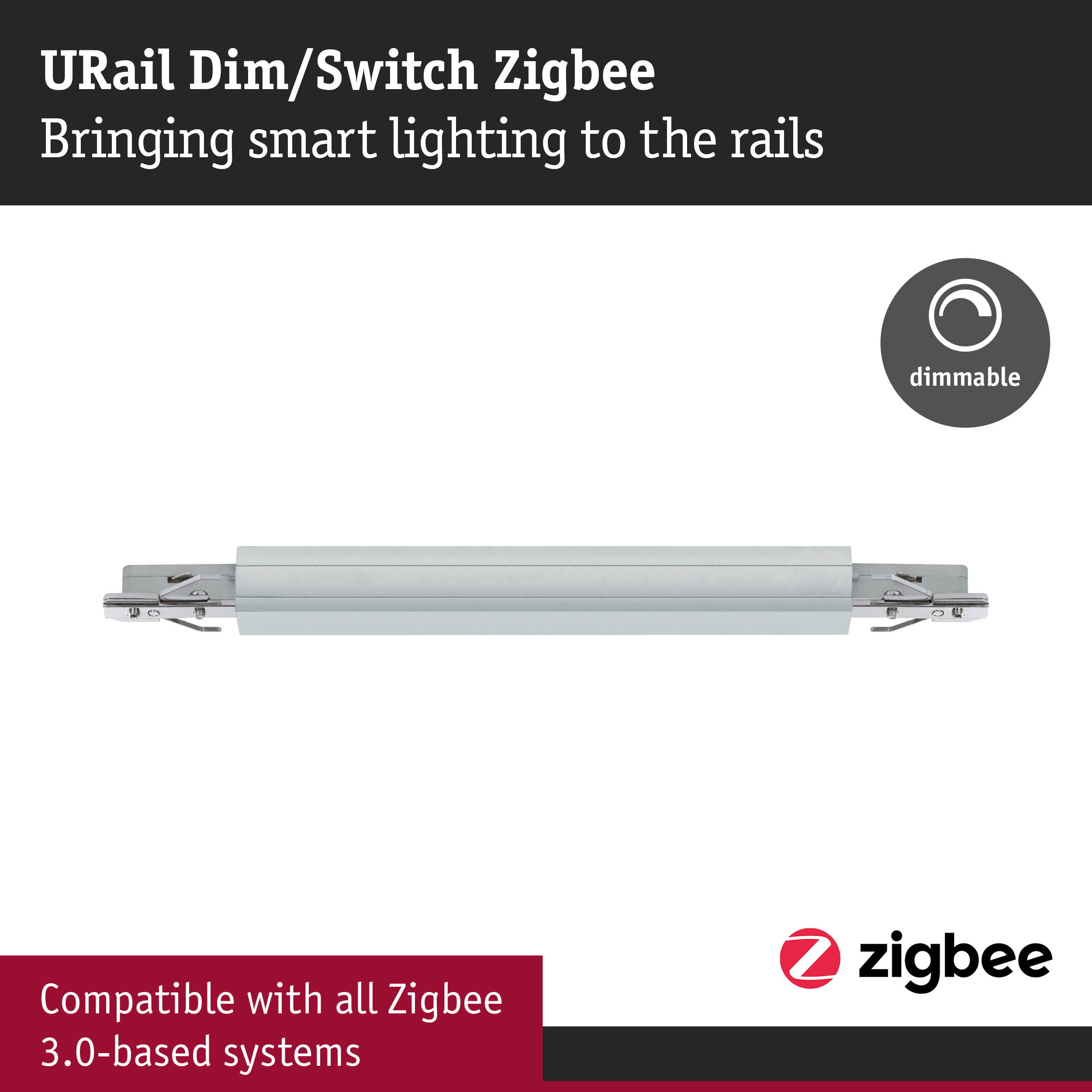 URail Dim/Switch Zigbee grey rail lighting controller, compatible with Zigbee 3.0 systems, dimmable