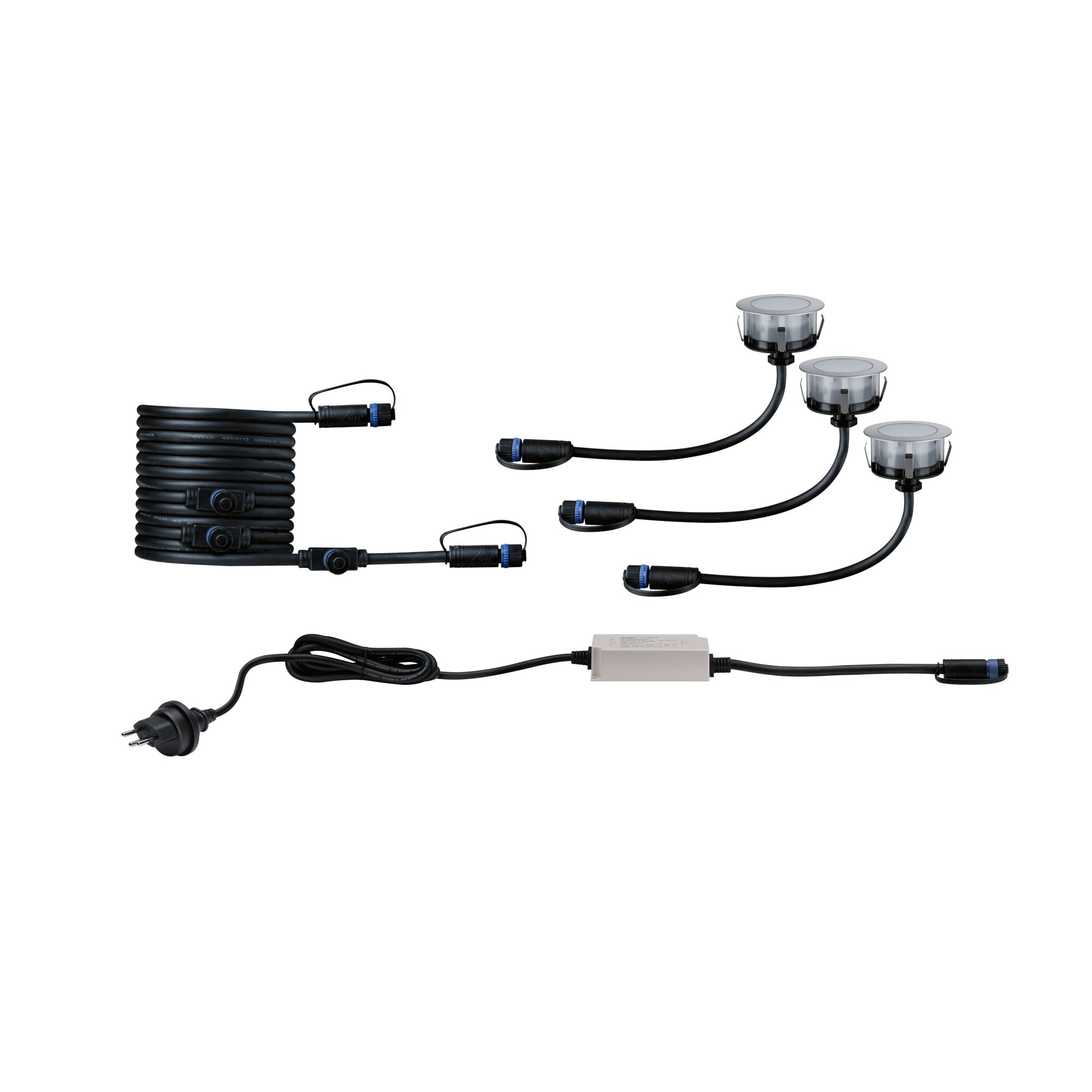 Black LED garden light set with three recessed lights, cables, and plug for outdoor lighting