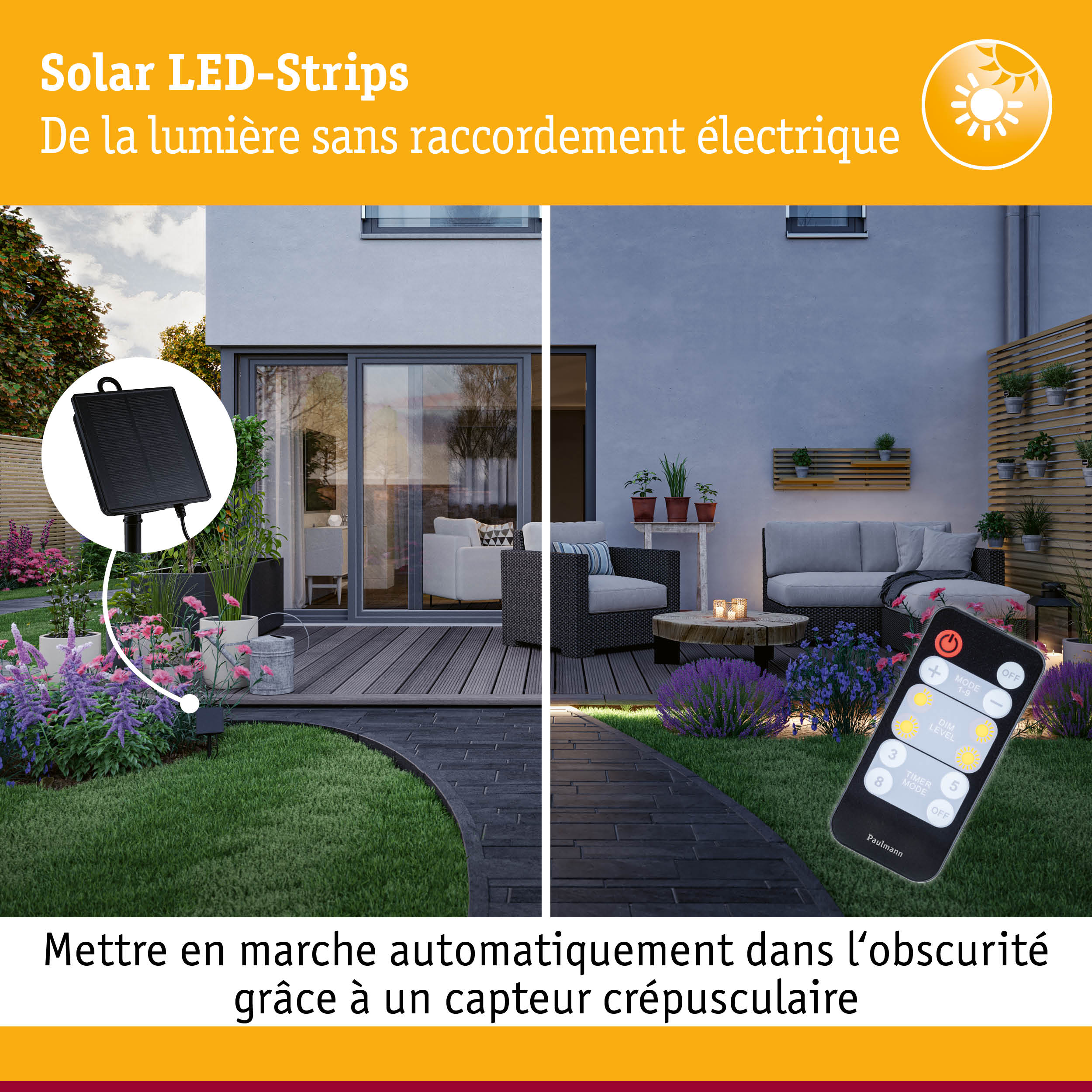 Bandeaux LED solaires avec panneau solaire noir et télécommande dans un jardin avec terrasse et plantes