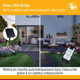 Bandeaux LED solaires avec panneau solaire noir et télécommande dans un jardin avec terrasse et plantes