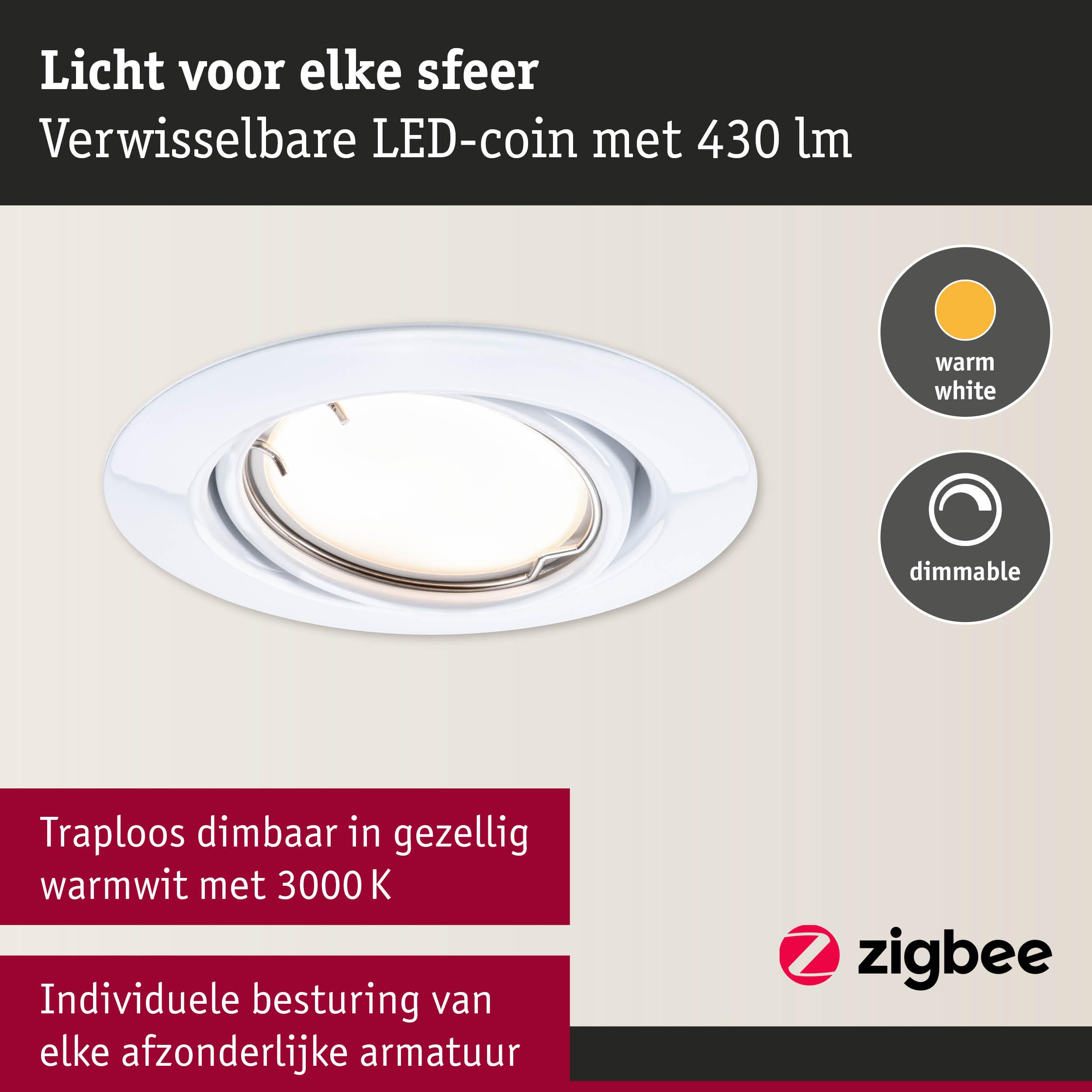 Witte LED-inbouwspot met warmwit licht 3000K en traploze dimfunctie voor sfeerverlichting