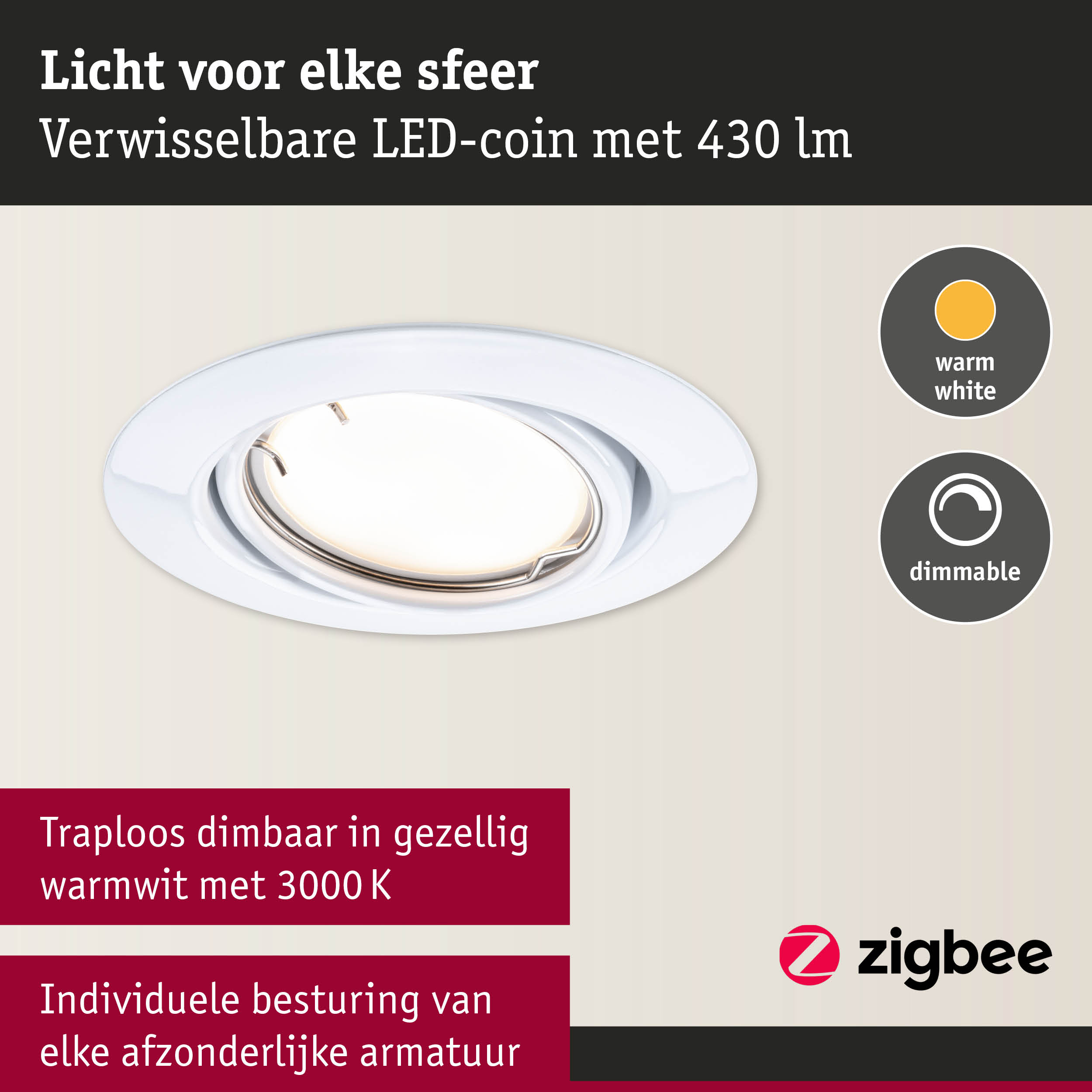 Witte LED-inbouwspot met warm wit licht en dimbare functie voor woonverlichting