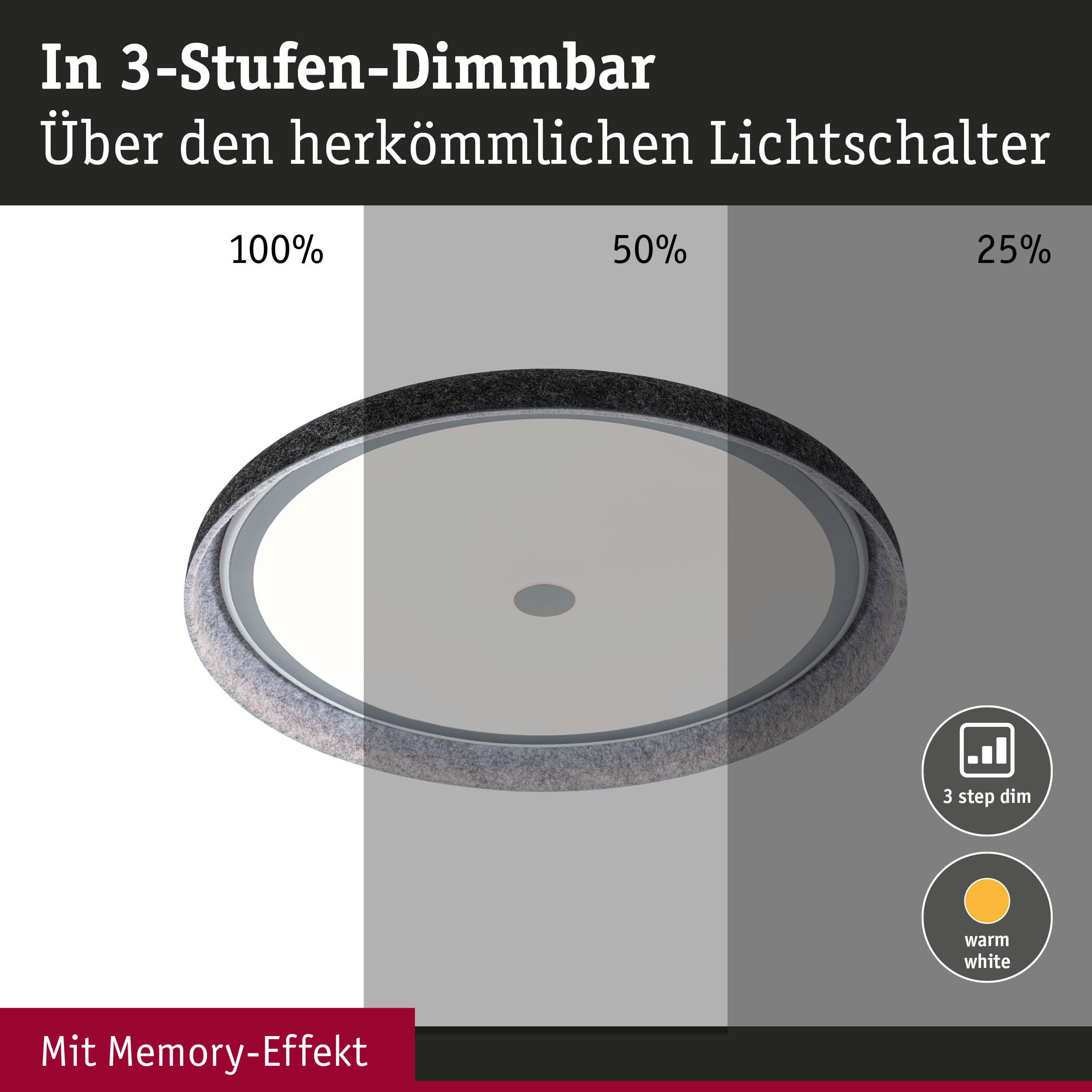 Rundes LED-Deckenlicht mit 3-Stufen-Dimmfunktion und Memory-Effekt in warmweißem Licht