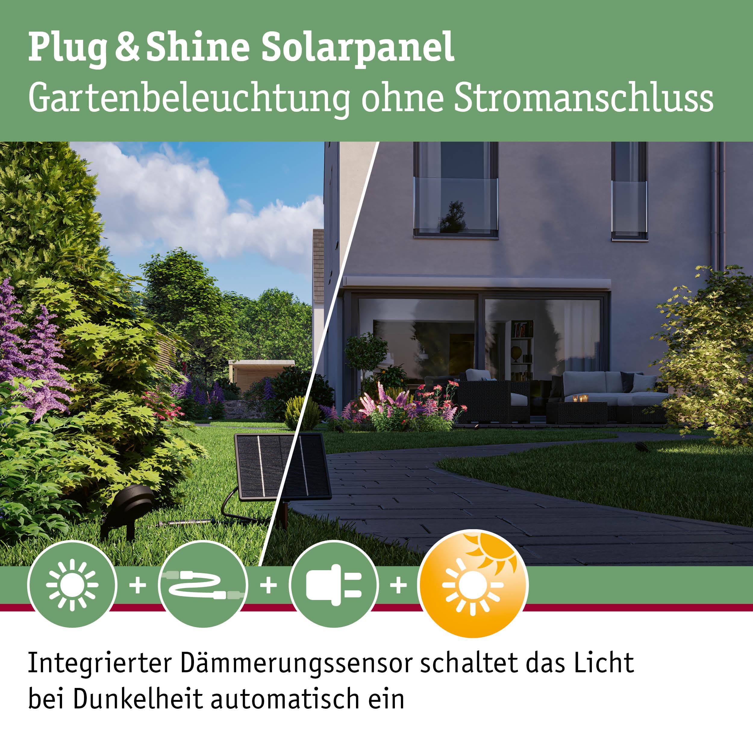 Plug & Shine Solarpanel für Gartenbeleuchtung ohne Stromanschluss mit integriertem Dämmerungssensor