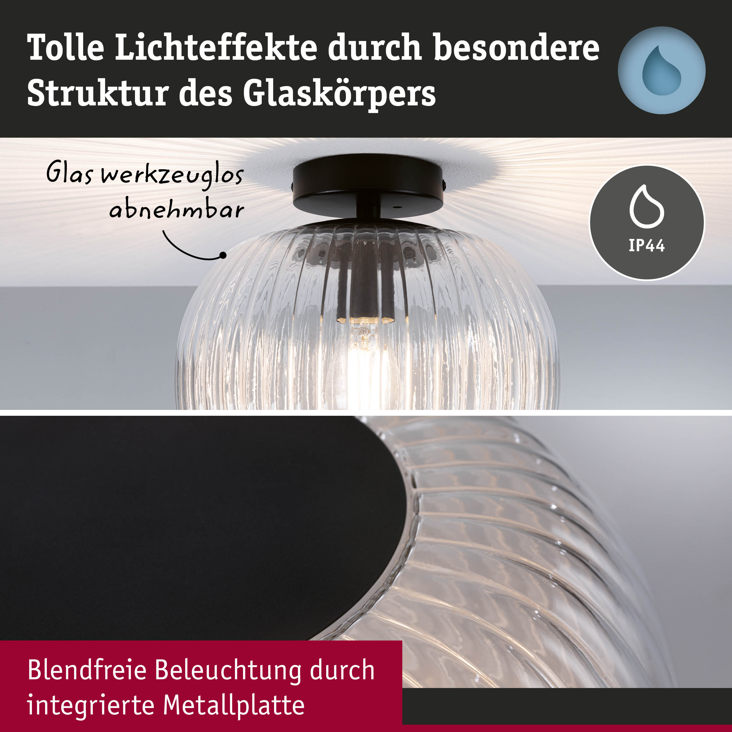Deckenleuchte mit geriffeltem Glas und schwarzer Metallplatte für blendfreie Beleuchtung und IP44 Schutz