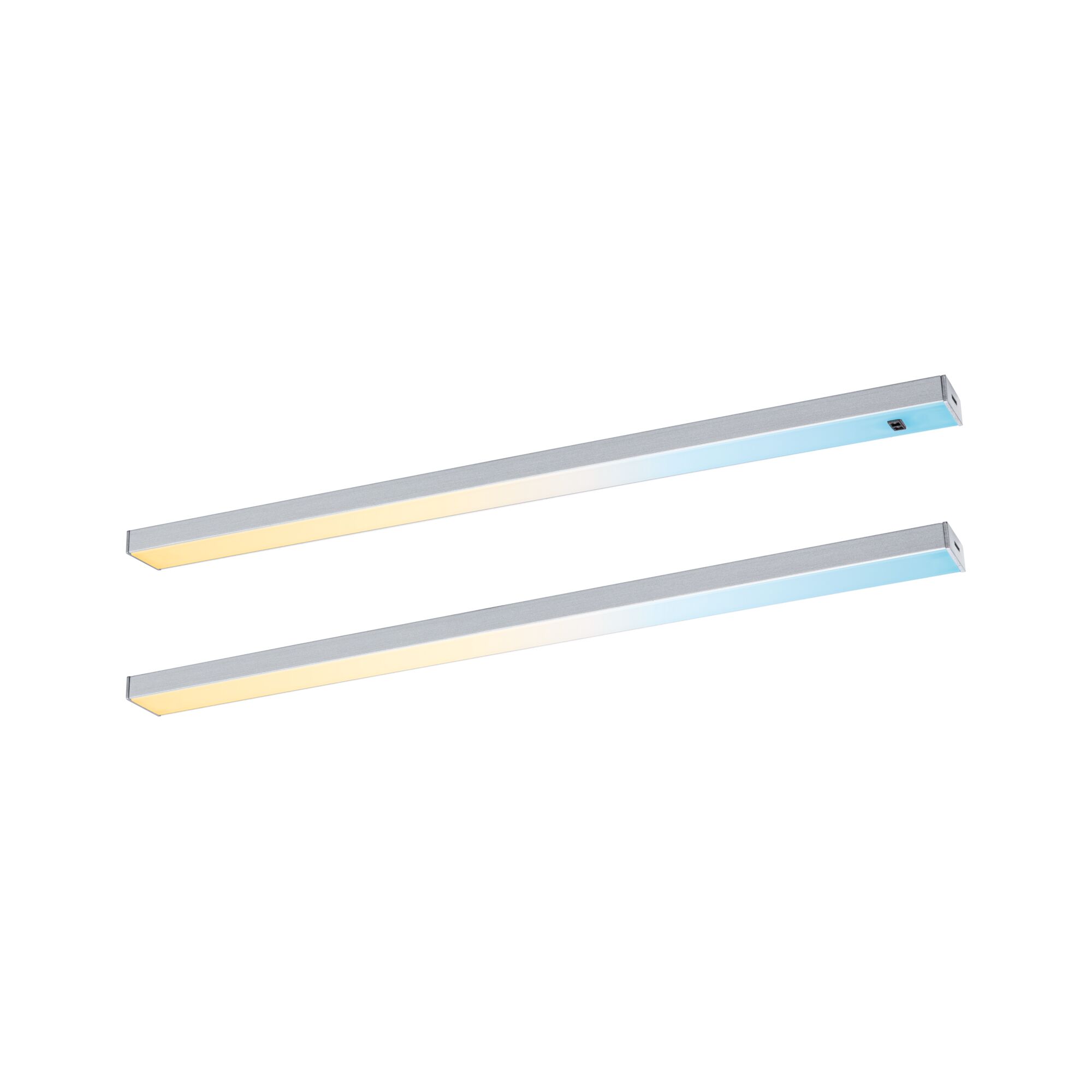 Twee slanke zilveren aluminium LED-strips met warm en koel wit licht voor moderne verlichting