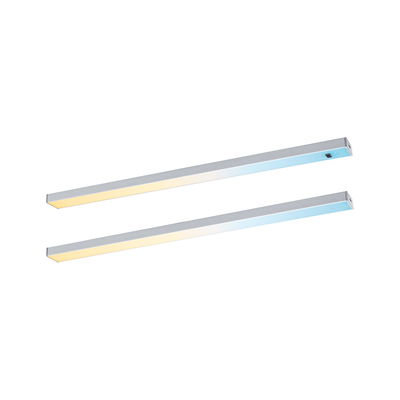 Two slim silver aluminum LED strips with warm and cool white light for modern lighting solutions