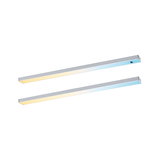 Two slim silver aluminum LED strips with warm and cool white light for modern lighting solutions