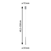 Rysunek techniczny srebrnej lampy wiszącej LED o długości 150 cm i średnicy 33 mm