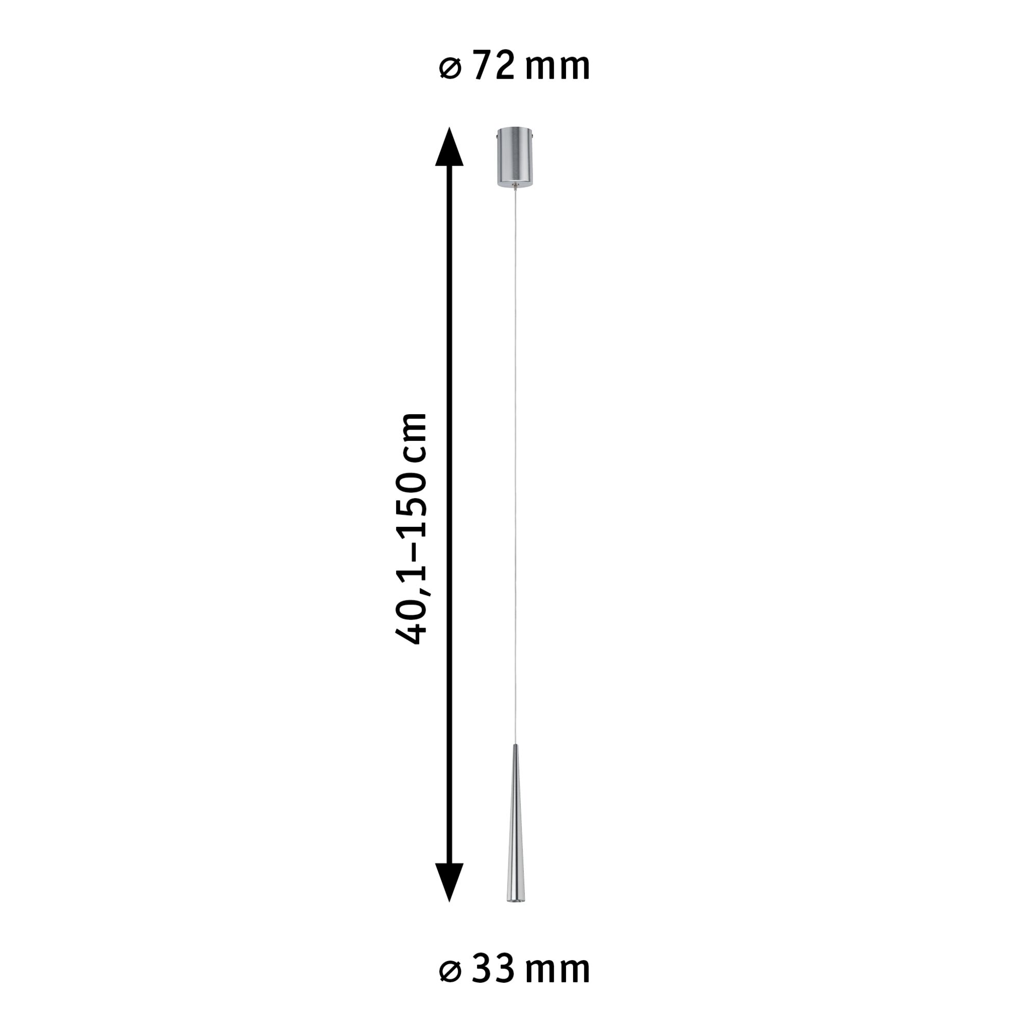 Maßzeichnung einer silbernen LED-Pendelleuchte mit 150 cm Länge und 33 mm Durchmesser