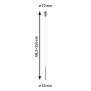 Maßzeichnung einer silbernen LED-Pendelleuchte mit 150 cm Länge und 33 mm Durchmesser
