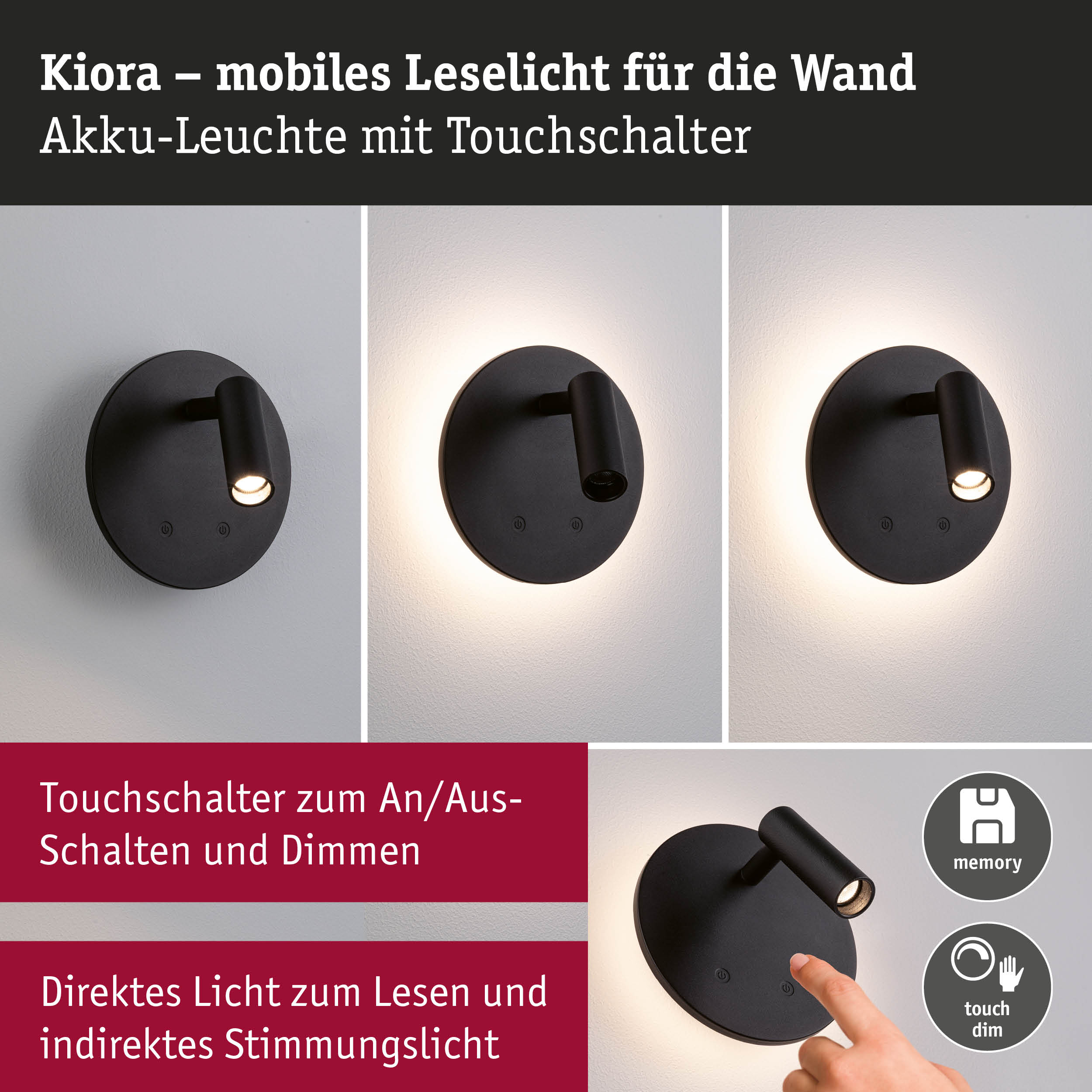 Kiora mobiles Leselicht in Schwarz mit Akku und Touchschalter für direktes und indirektes Licht