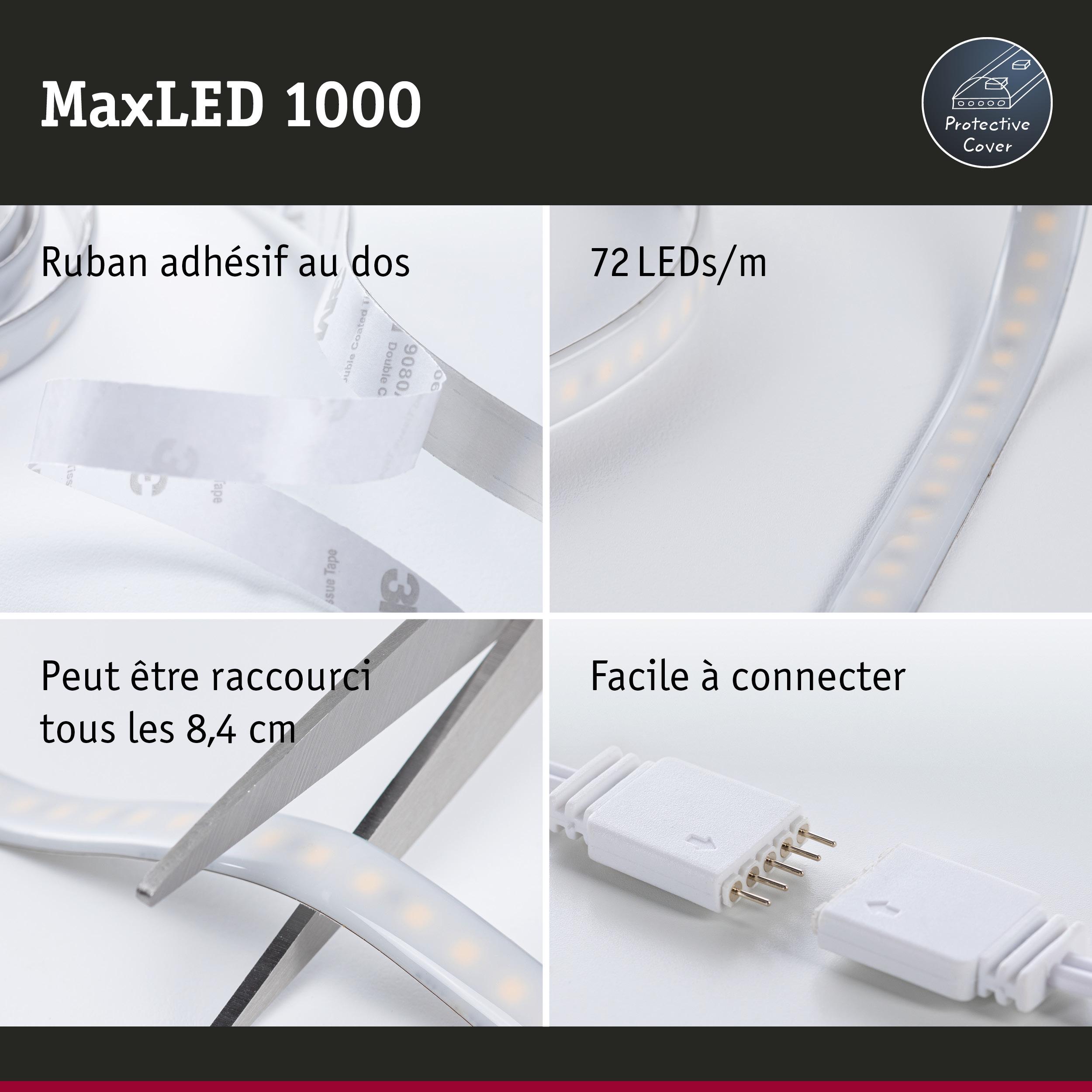 Bande LED MaxLED 1000 avec protection, 72 LED/m, ruban adhésif au dos, facile à raccourcir