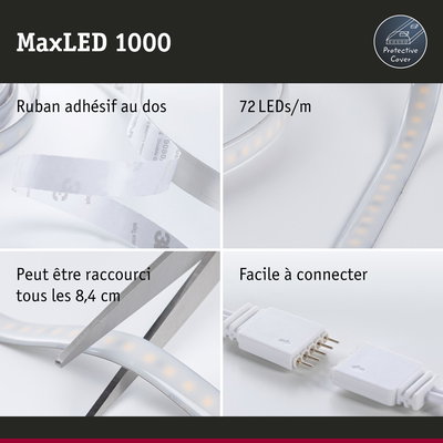 Bande LED MaxLED 1000 avec protection, ruban adhésif, 72 LEDs/m, coupable tous les 8,4 cm, facile à connecter