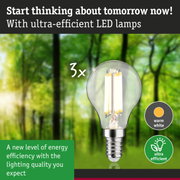 Clear LED bulb with warm white light and high energy efficiency against green forest background