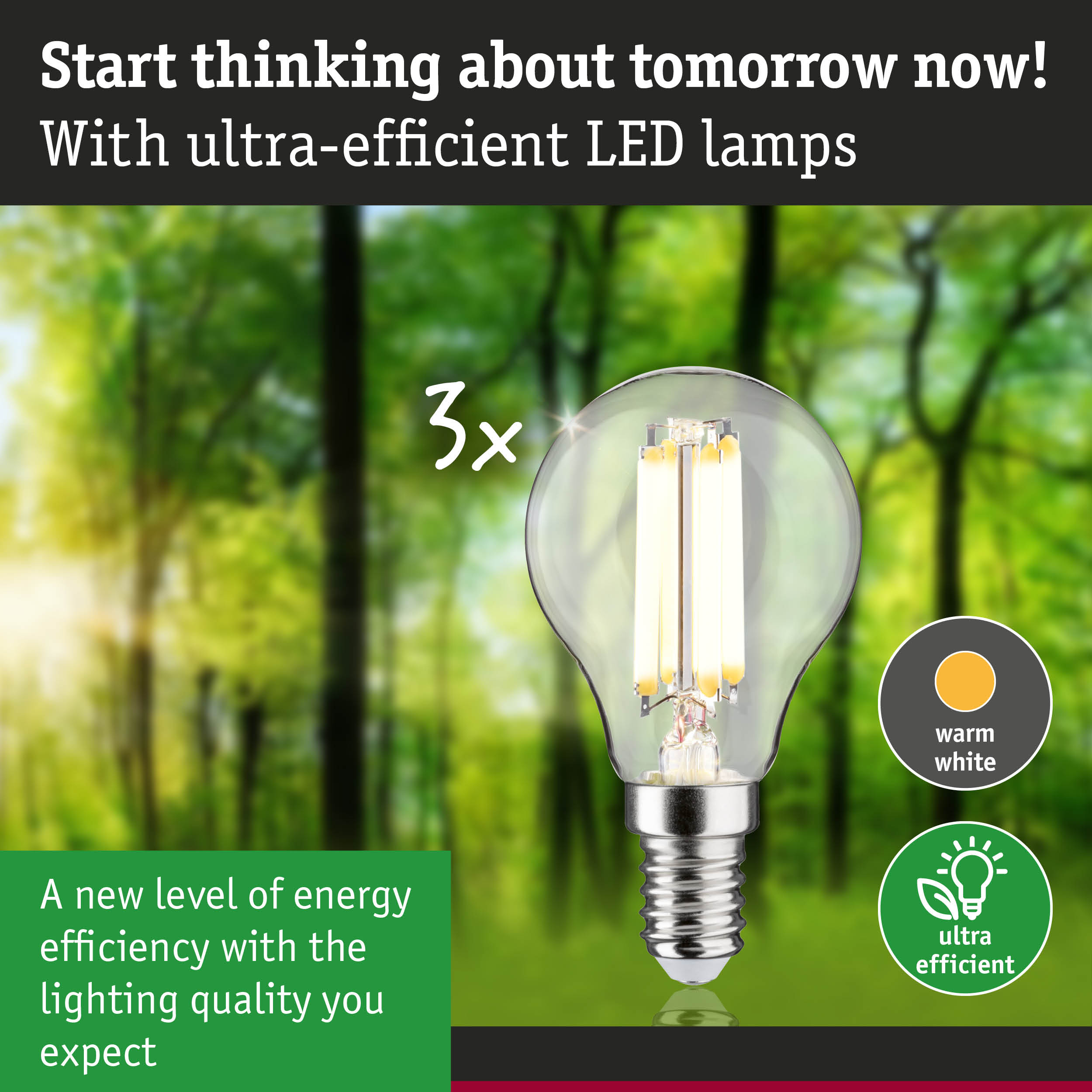Clear LED bulb with warm white light and high energy efficiency against green forest background