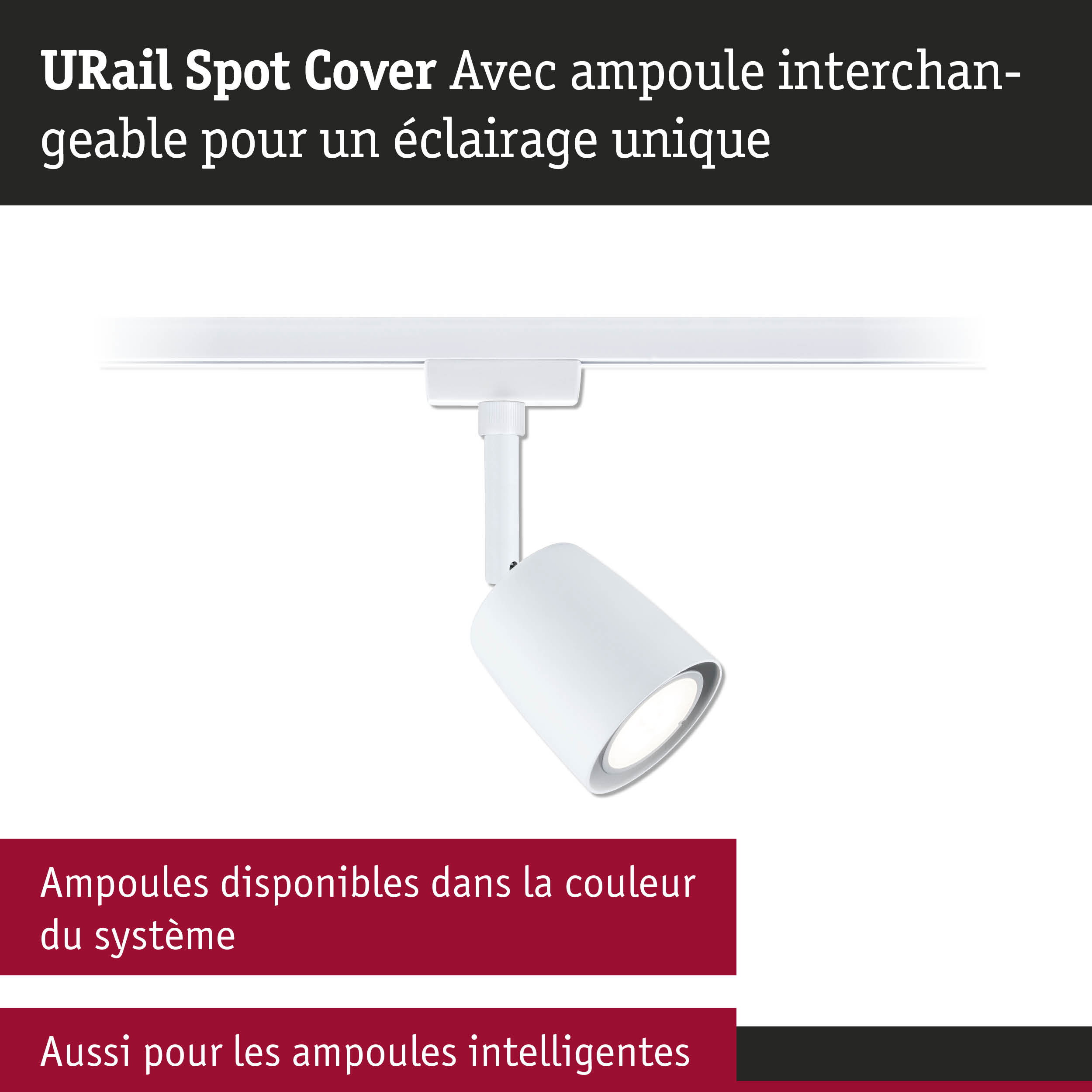 Cache spot URail blanc en métal pour ampoules LED interchangeables sur système de rails moderne