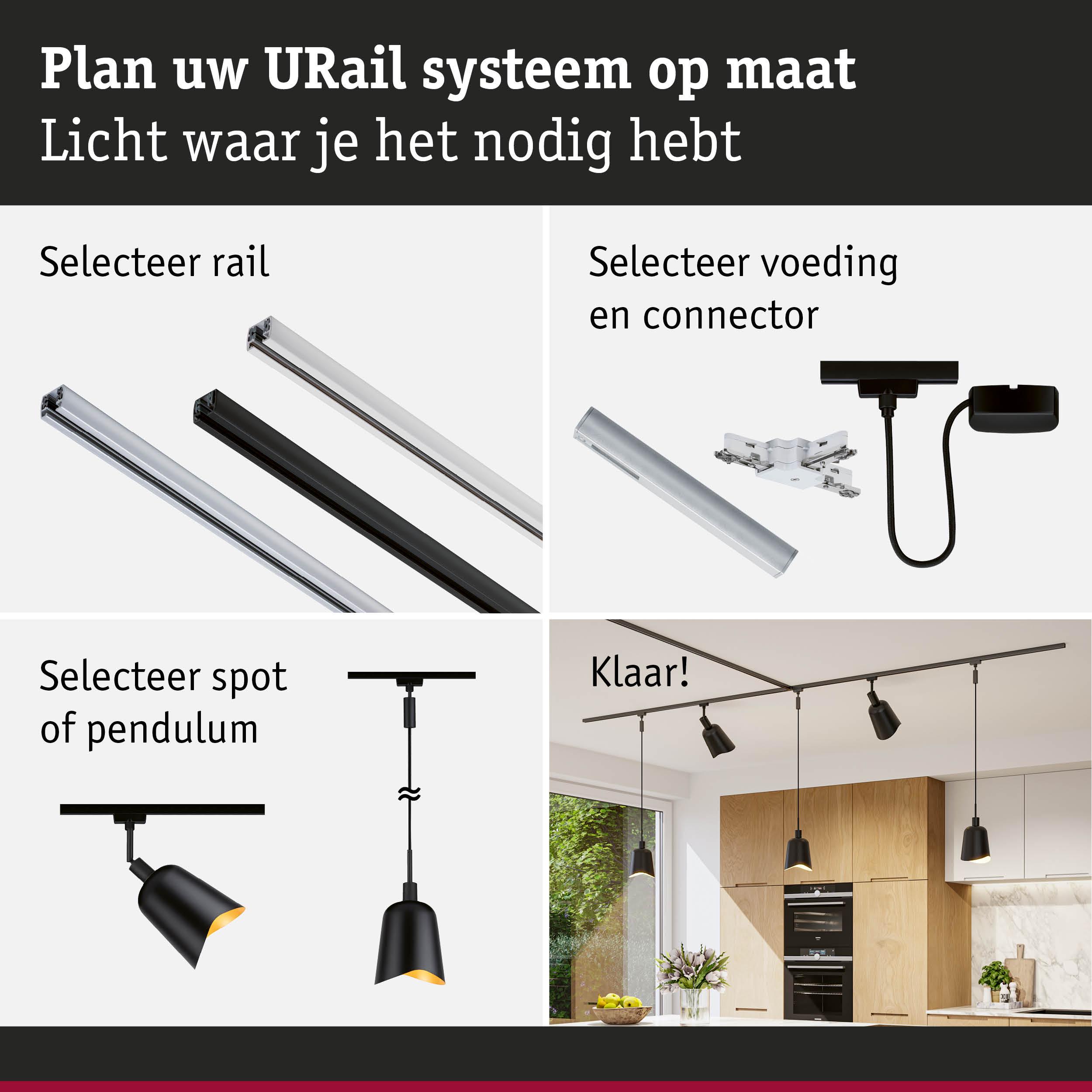 Modulair URail railsysteem met zwarte pendel- en spots voor flexibele LED-verlichting in keuken