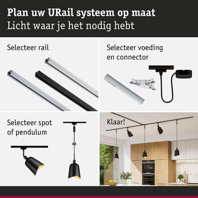 Modulair URail railsysteem met zwarte pendel- en spots voor flexibele LED-verlichting in keuken
