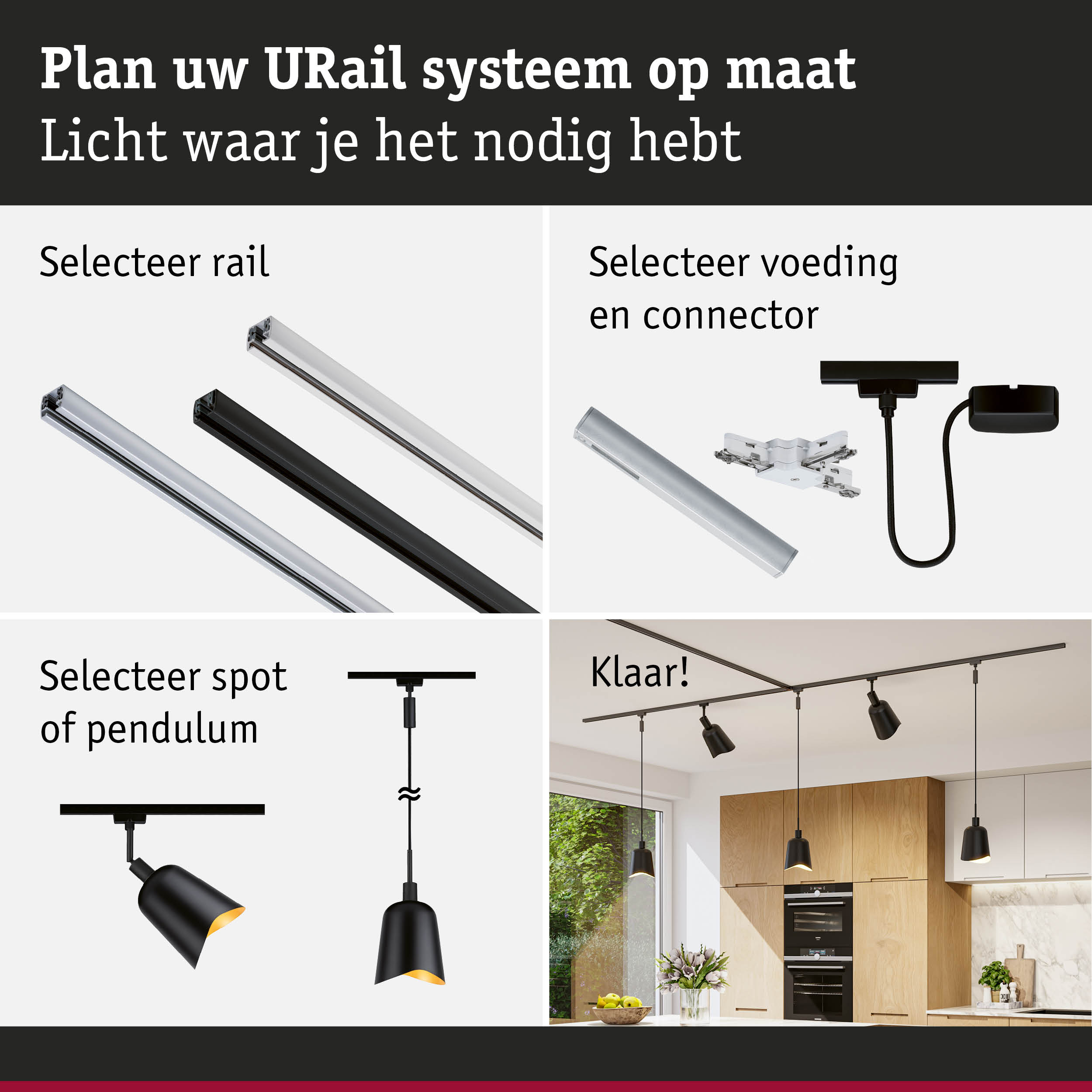 Modulair URail railsysteem met zwarte en witte rails, connectoren en spots voor flexibele verlichting