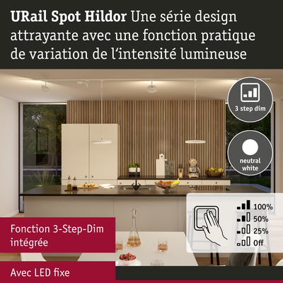 Cuisine moderne avec spots URail Hildor LED blanc neutre et fonction de variation d’intensité en 3 étapes