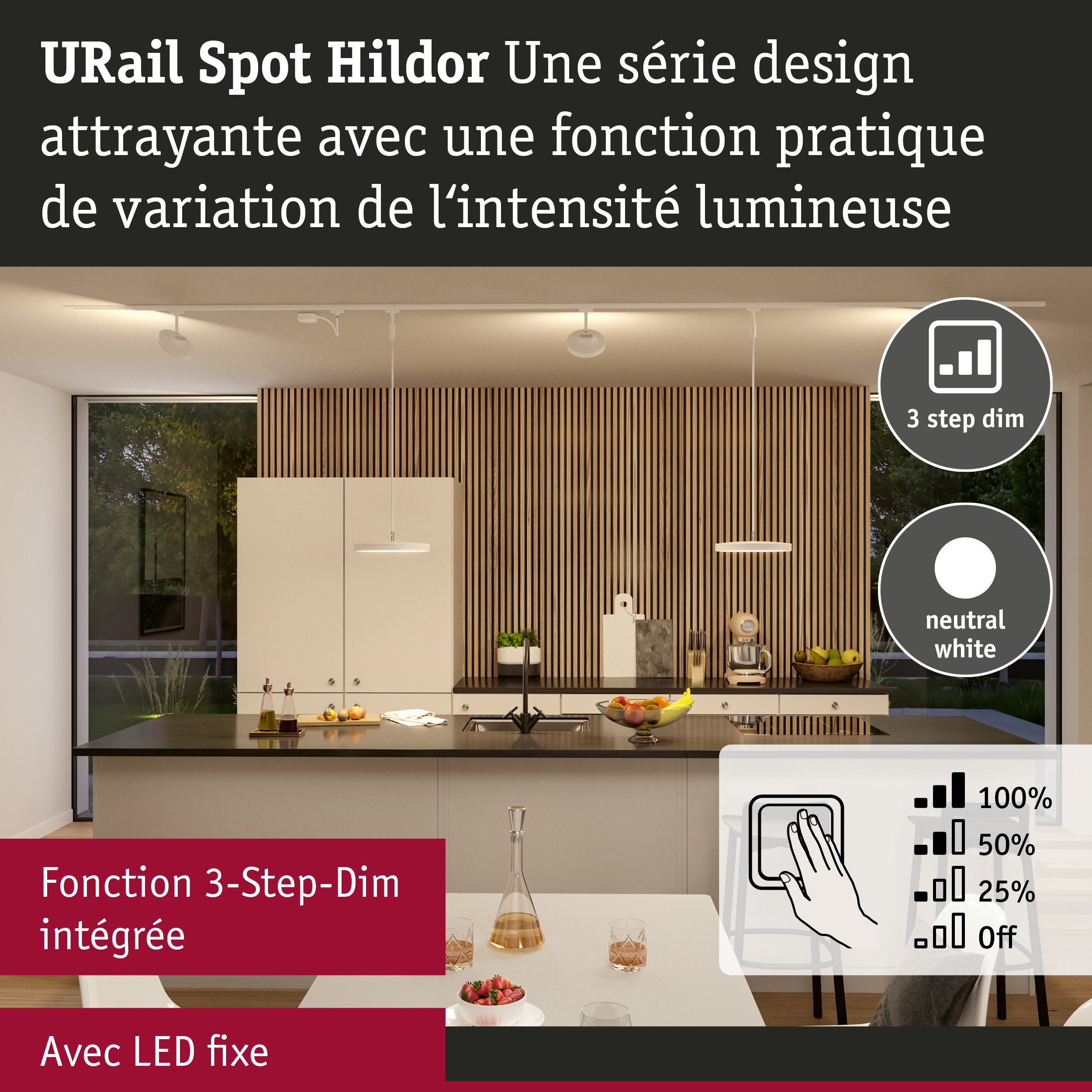 Spots LED blancs U-Rail modernes avec fonction de variation 3 étapes pour éclairage cuisine
