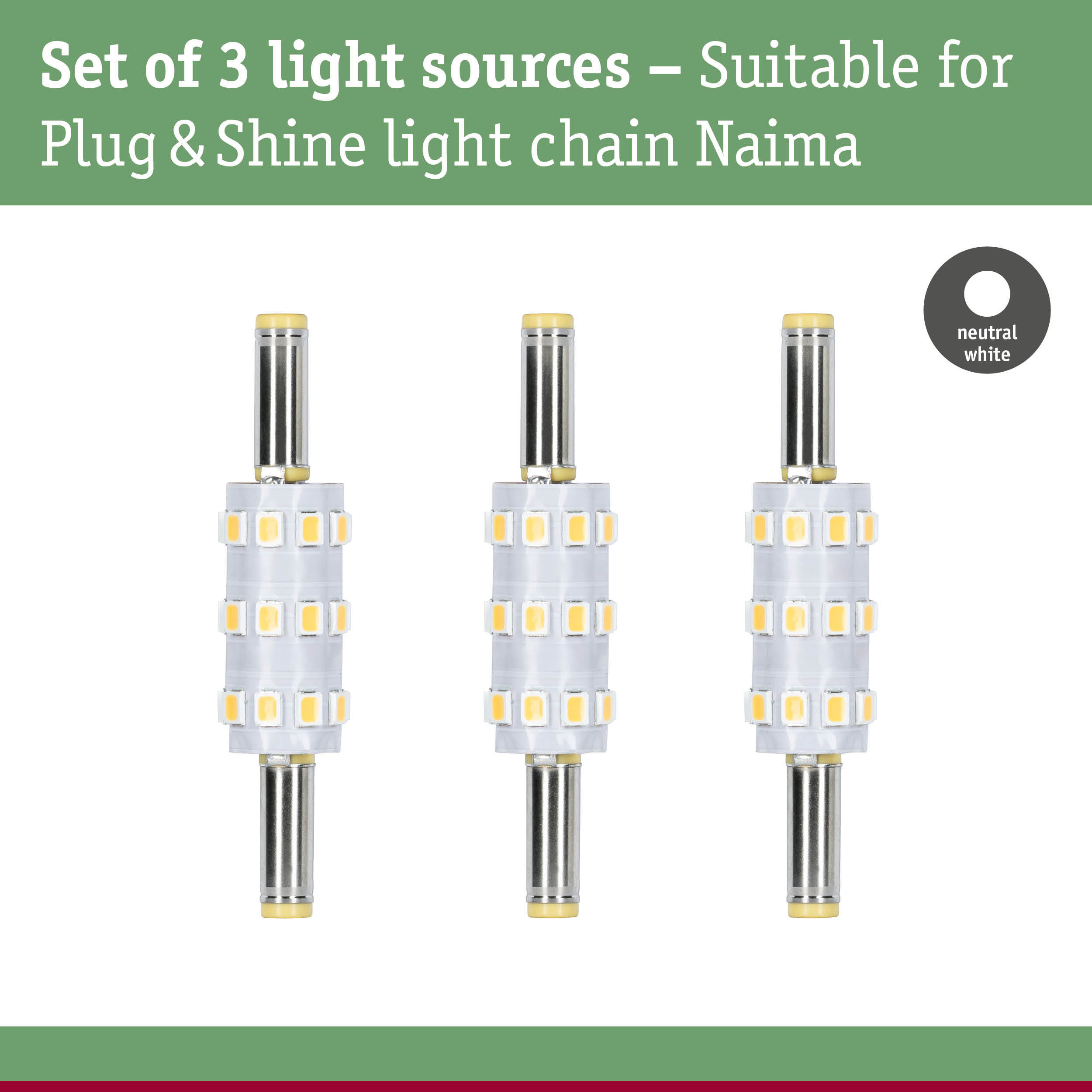 Set of 3 neutral white LED light sources for Plug & Shine light chain Naima, energy-efficient