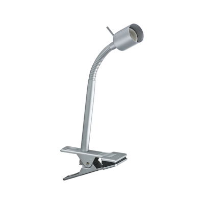 Silver metal clip lamp with flexible neck for focused LED lighting at workspaces