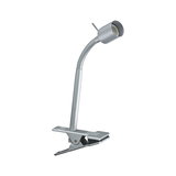 Silberne Klemmlampe aus Metall mit flexiblem Hals für gezielte LED-Beleuchtung am Arbeitsplatz