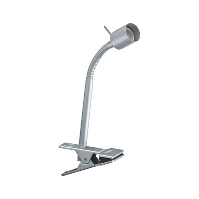 Silberne Klemmlampe aus Metall mit flexiblem Hals für gezielte LED-Beleuchtung am Arbeitsplatz
