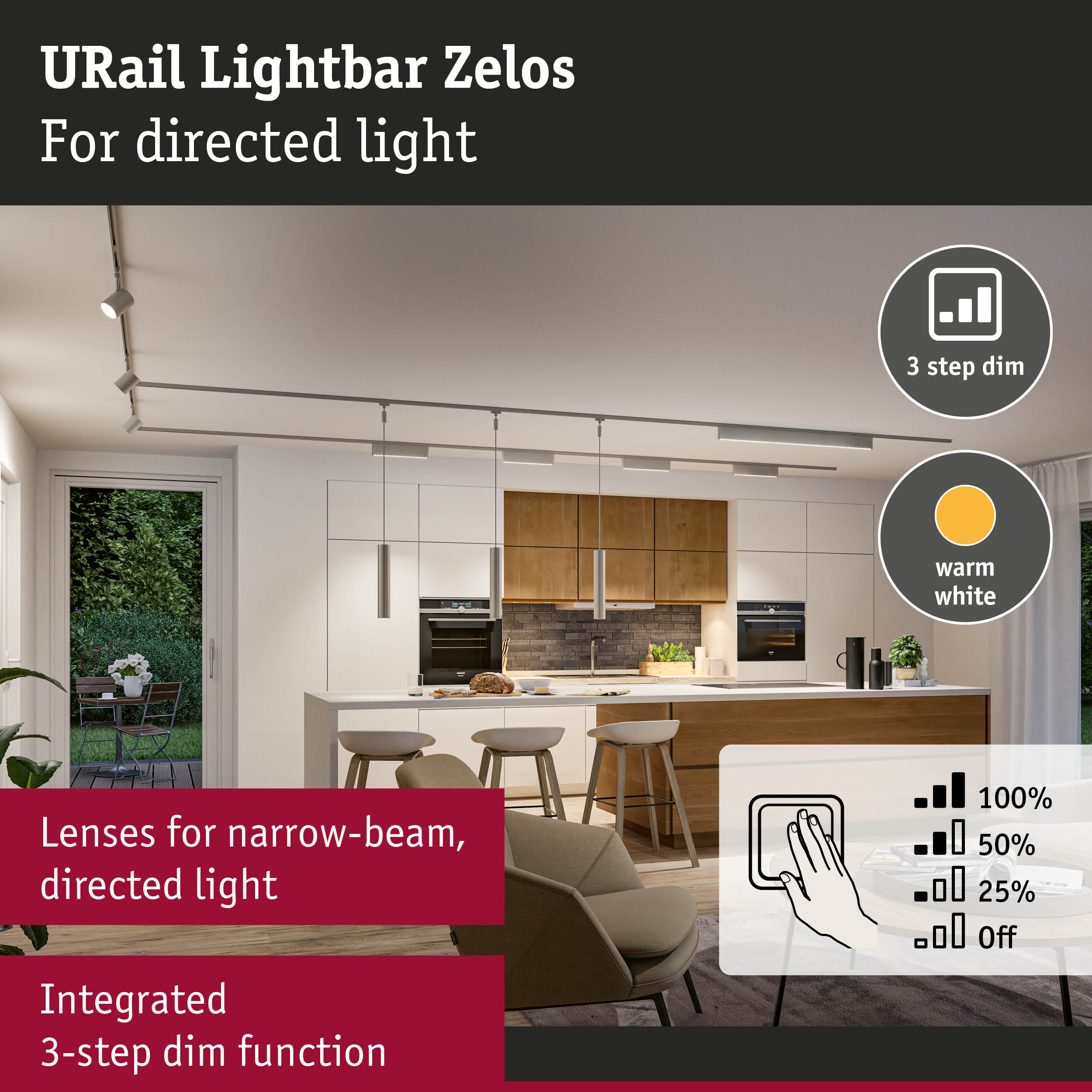 URail Lightbar Zelos white ceiling light with narrow beam lenses and integrated 3-step dim function