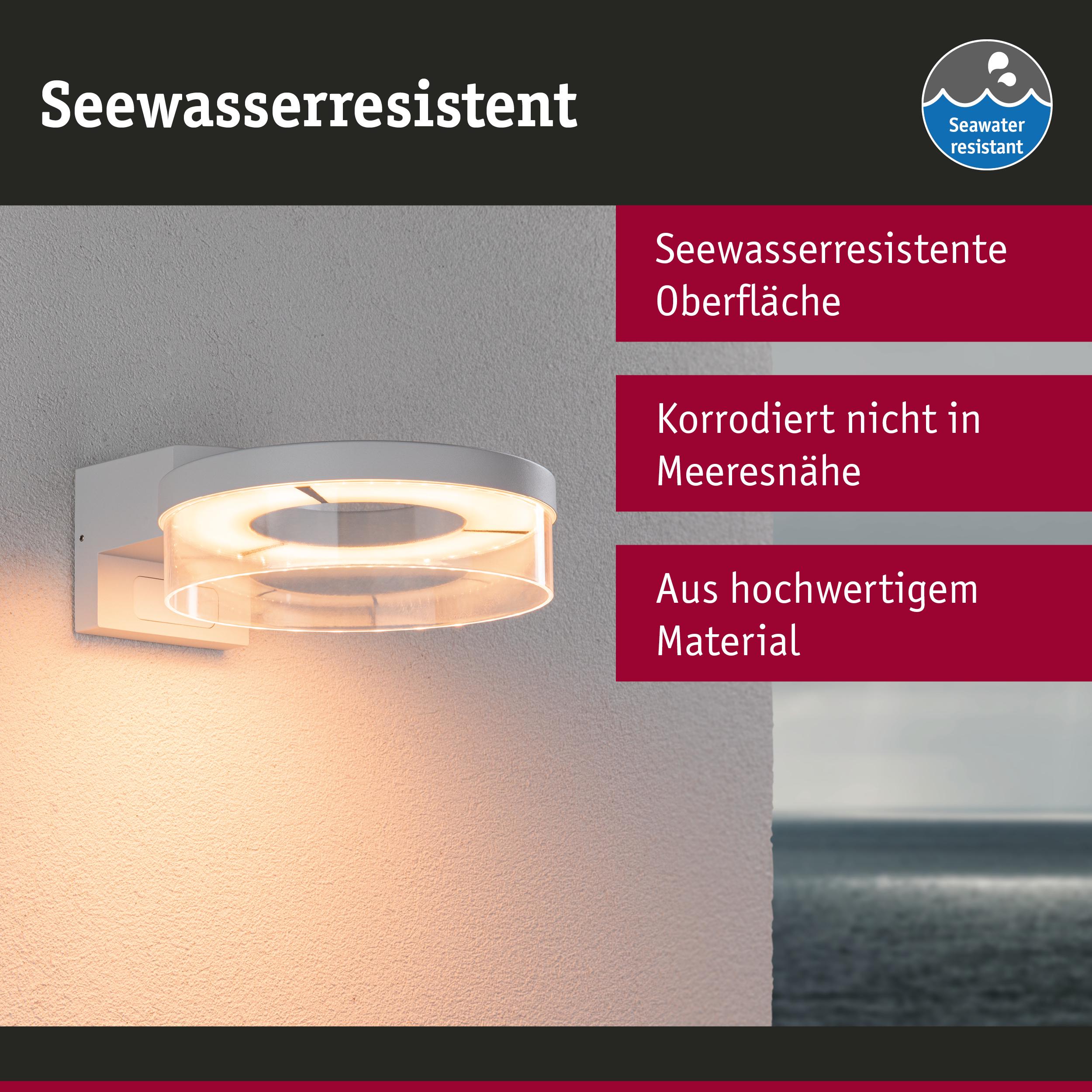Weiße Wandlampe mit seewasserresistenter Oberfläche aus hochwertigem Material für Außenbereiche.