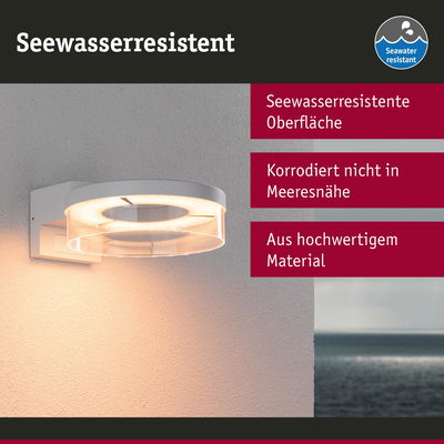 Weiße Wandlampe mit seewasserresistenter Oberfläche aus hochwertigem Material für Außenbereiche.