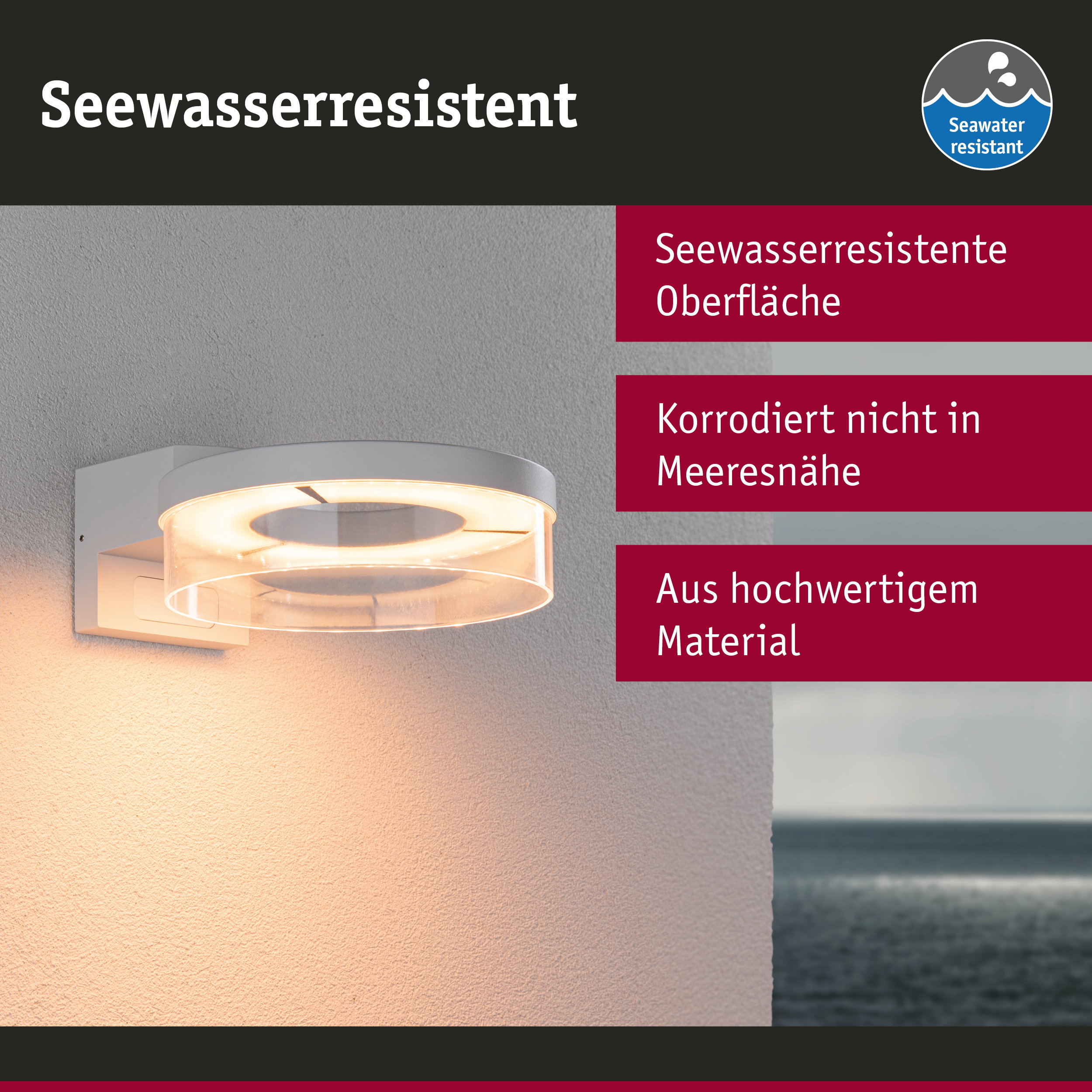 Moderne weiße Außenwandleuchte mit seewasserresistenter Oberfläche und LED-Beleuchtung