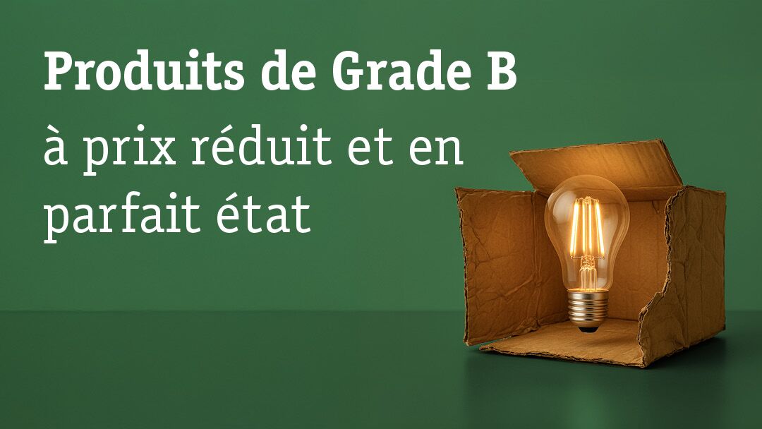 Ampoule LED allumée dans une boîte en carton marron ouverte sur fond vert pour produits de Grade B