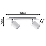 Moderne hvid loftspot med to justerbare metal lamper, 350 mm bred.